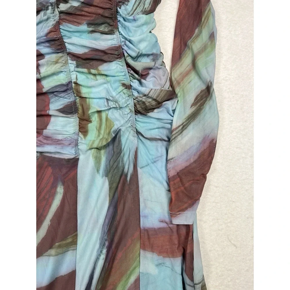By Anthropologie Long-Sleeve Blue‎ Printed Mesh Ruched Midi Bodycon Dress Size L
